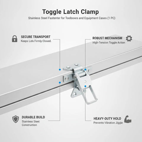 Heavy Duty Toggle Latch Clamp With High Tension Carbon Steel For Securing Tool Boxes, Gear Cases, And Industrial Enclosures To Keep Lids Shut Tight During Rough Transport And Daily Grind, close-up of stainless steel construction.