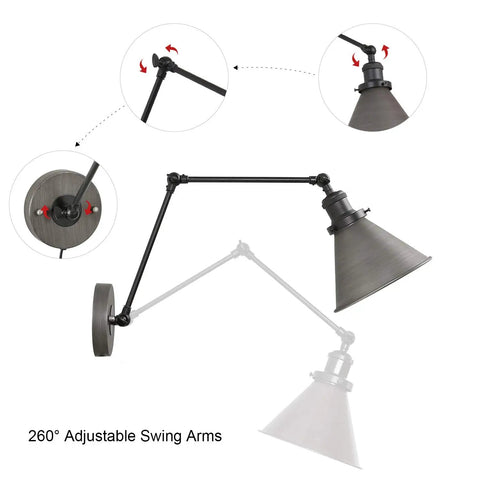 Farmhouse Style Swing Arm Wall Lamp Set 2 Pack Plug In Or Hardwired Adjustable Wall Sconce with Brushed Antique Silver Finish