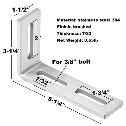Kick Butt Slotted L Brackets Made From Real 304 Stainless Steel, 7/32 Inch Thick for Heavy Lifting Jobs, Brushed Surface and Smooth Fitting for 3/8 Inch Bolt Installations with dimensions.