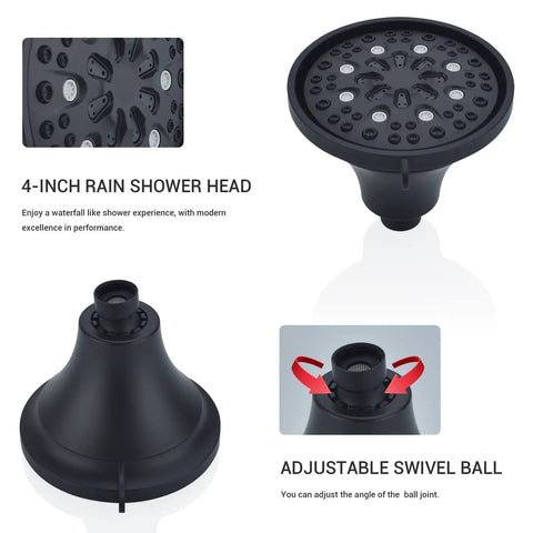 4-inch matte black rain shower head and adjustable swivel ball for the Matte Black Tub and Shower Faucet Set With Pressure Balance Valve.