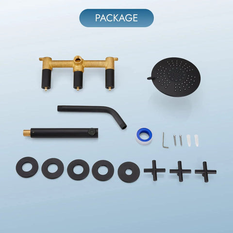 Three-Handle Tub And Shower Faucet Set With Wall Mount Tub Spout Five-Setting Six-Inch Round Shower Head Brass Mixer Valve