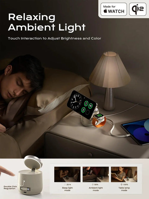 4 In 1 Qi2 Magnetic Wireless Charging Station For MagSafe on nightstand with iPhone, Apple Watch, lamp, and sleeping person