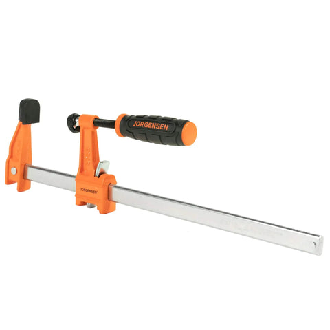 Twelve Inch Steel Bar Clamp With Instant Adjustment And Lightweight Orange Finish One Quarter Inch By Three Quarter Inch Spring Steel Bar in use.