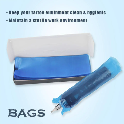 Disposable Tattoo Machine Covers Pack Pro Grade 200 Pcs 2.4 Inch By 7 Inch Blue Sleeves shown with open box and covered pen
