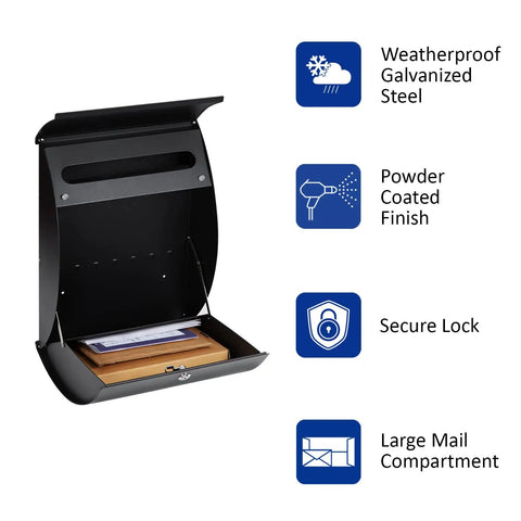Locking Wall Mount Mailbox For Home, Large 18x13x5, Weatherproof Steel, open view with secure lock and large mail compartment