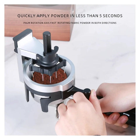 Premium Barista Grade Rotating Espresso Stirrer And Coffee Distribution Tool With Adjustable Needles For Dead Simple Grounds Prep in use.