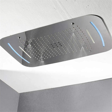 Thermostatic LED Shower System With Ceiling Mounted Rain Head And 4 Spray Settings, sleek chrome rain shower head design.
