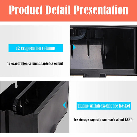 Compact Countertop Ice Maker Machine Cranks Out Chilled Nugget Ice Super Fast With Smooth Self Cleaning Routine Low Noise Portable Aesthetic showing 12 evaporation columns and unique withdrawable ice basket