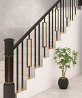 Top Shelf Square Metal Balusters And Staircase Spindles For Deck Railings 37 Inch High with gold accents on staircase.