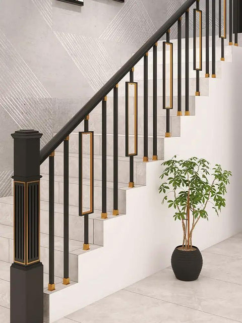 Top Shelf Metal Balusters and Staircase Spindles Measuring Thirty Seven Inches Tall for Deck Railings, Clean Black Gold Finish in modern staircase