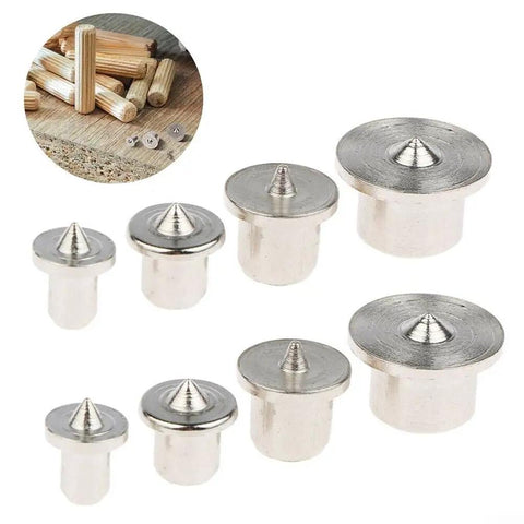 Pro Woodworking Dowel Center Pin Set, 8-Piece, Hollow Chrome Pins In 6mm, 8mm, 10mm, 12mm, shown with external markings for joinery.