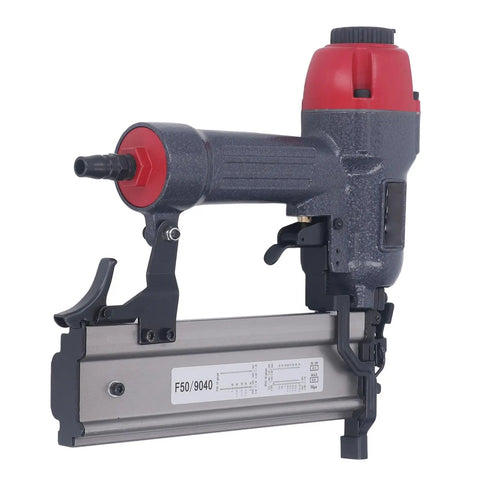 Straight Shooting Pneumatic Brad Nailer And Air Stapler 2 In 1 Design with ergonomic handle and 100 nail capacity for DIY projects.