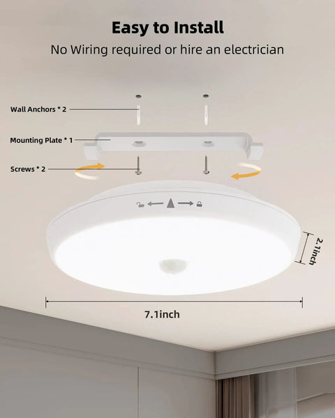 Hassle Free Plug and Play Motion Sensor Ceiling Light 2 Pack 400 Lumens with easy installation guide and measurements.