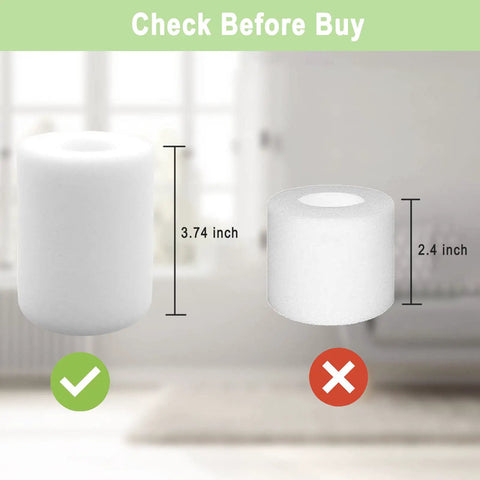 Comparison of two foam filters with measurements, highlighting correct and incorrect sizes for Six Pack IQ Base Pre Motor Foam Replacement Filters For Shark IQ And AI Robot Vacuums R101AE RV1001AE AV912S AV1010AE RV1000 AV993 RV1002AE RV2502AE RV2520AOUS AV2510AOUS