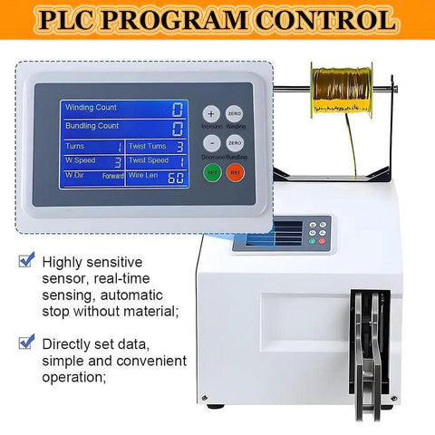 Dead Simple Automatic Twist Tie Machine With Five Shiny Gold Metallic Wire Rolls showing PLC program control display for quick bundling.