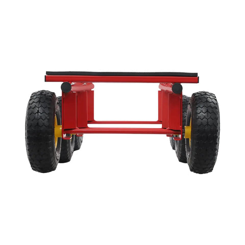 Rock Solid Six Wheel All Terrain Dolly 1200 Pound Heavy Duty Moving Cart with ten inch inflatable tires, viewed from the front.