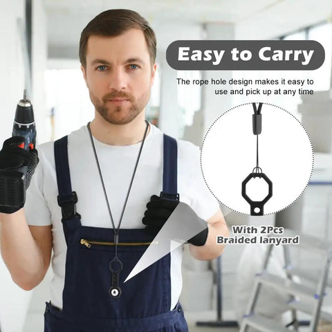 Heavy Duty Set Of Two Powerful Magnetic Stud Finders With Slick Wall Scanner Grip For Fast Screw Snagging And Hanging Drywall Without Stress Or Sweat Reliable Home Improvement Accessory worn by a man with a power drill.