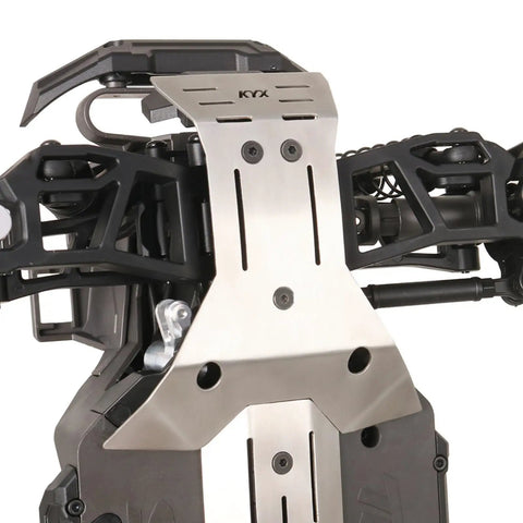 Traxxas Mini Maxx RC Chassis Armor Plate Stainless Steel Guard Beefed Up Upgrade Part For Durable Lightweight Protection And Easy Install Chassis Protector Plate For Rugged Bashing And Off Road Fun installed on vehicle