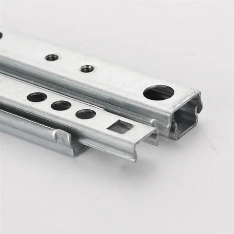 Solid Side Mount Ball Bearing Drawer Slides Two Pack Heavy Gauge Steel Cabinet Runners close-up showing metal slides for easy installation.