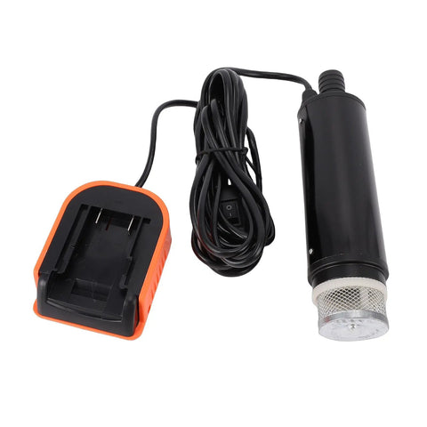 Battery Powered Cordless Submersible Sump Pump Knocks Out Basement Flooding Quick With Smooth Five Hundred GPH Drainage And Legit Sixteen Foot Lift, showing black pump and orange charger.