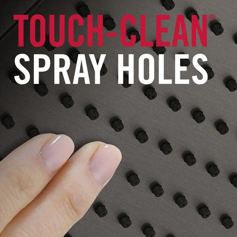Close-up of fingers on showerhead with Touch-Clean spray holes, part of Trinsic Single Spray Wall Mount Handheld Shower Kit.