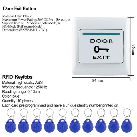 Door exit button with key symbol and dimensions 86x86mm, accompanied by 10 blue RFID keyfobs, from Outdoor RFID Access Control Kit With Keypad And NC Fail Safe Electric Strike Lock IP68 Waterproof DC12V Power Supply 10 EM4100 125KHz Keyfobs Supports 3000 Users Card Or Password Or Card Plus Password Backlit Touch Screen.