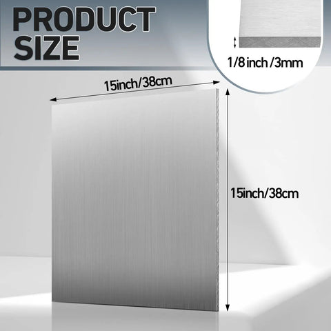 6061 Aluminum Sheet Set, 2 Pieces, 15x15 Inch Flat Stock, One Eighth Inch Thick, Protective Film Covered Plates, size details