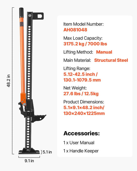 48 Inch High Lift Farm Jack Featuring A Badass 7000 Pound Ratcheting Build For Off Road Recovery and Pickup Truck or SUV Bumper Lift, structural steel design.