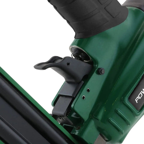 Close-up of trigger pull on Pneumatic 20 Gauge L Cleat Flooring Nailer With Adjustable Flex Foot, suitable for tight spaces.