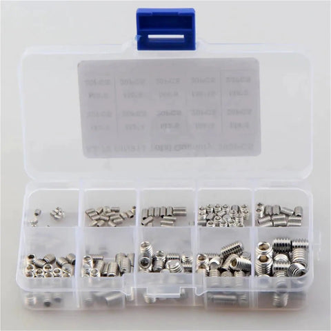 200 Pcs Stainless Steel Hex Socket Set Screws Flat Point Assortment Kit M3 M4 M5 M6 M8 DIN 913 in plastic case