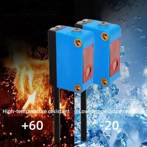 Background Suppression Photoelectric Switch with Diffuse Sensor, NPN Output, showing high and low temperature resistance, blue and orange design