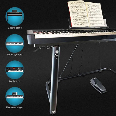 Universal Sustain Pedal For Digital Pianos And MIDI Keyboards, Non Slip Wide Slope Foot Pedal visible next to a keyboard stand