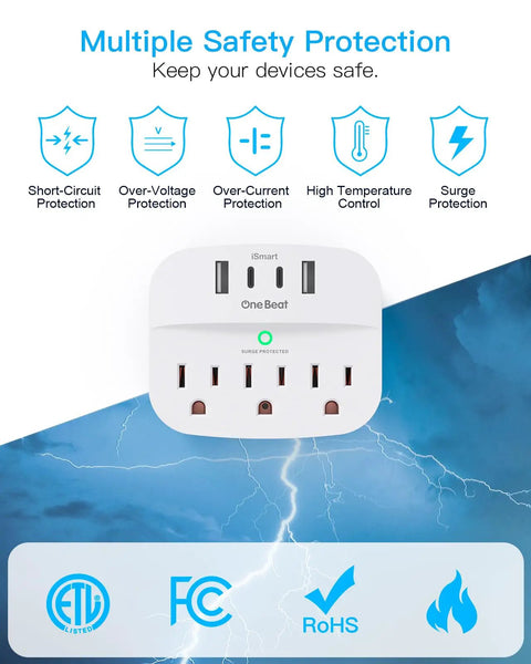 Compact Wall Outlet Extender With 3 AC Outlets And 4 USB Ports Featuring Built In Surge Protector with safety features displayed.