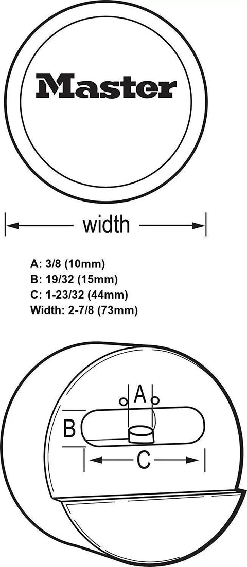Diagram of Three Pack ProSeries Padlocks With Beefy Reinforced Hidden Shackle, showcasing dimensions and shackle position.