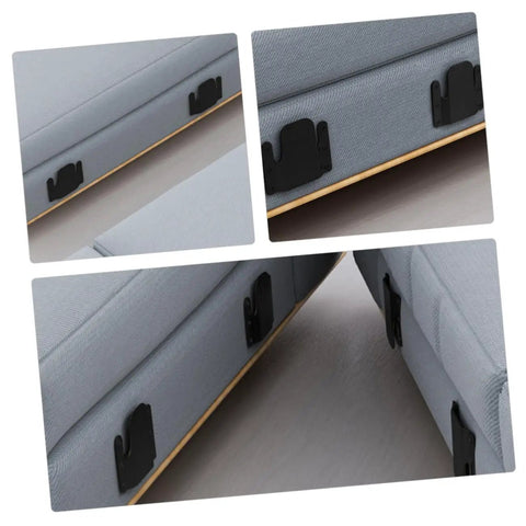 Heavy Duty 4 Piece Iron Sectional Sofa Connectors, No Sweat Install Couch Joint Brackets attached beneath gray sofa.