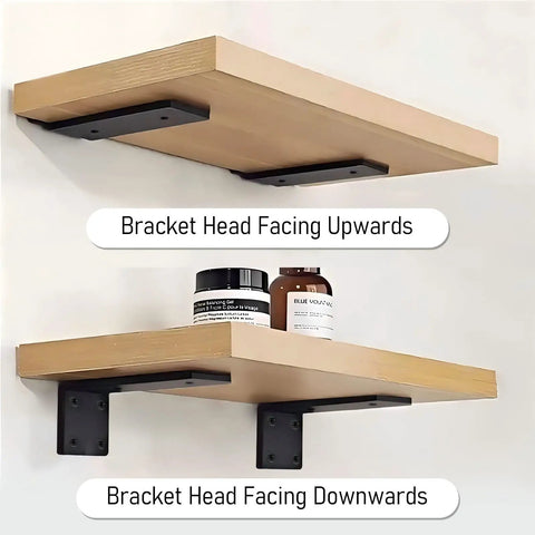 Straight Up Heavy Duty Floating Shelf Brackets 4 Inch Long L Shaped Metal Hidden Wall Mount Supports For Displays And Bookshelves Built Different Stability Clean Black Finish showing two shelf installations.