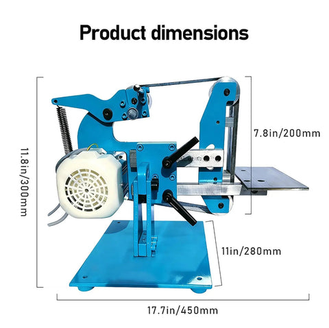 Electric Belt Sander 750W Polish Grinder With Adjustable Speed And Forward Reverse Rotation For Wood And Metal Tasks dimensions shown.