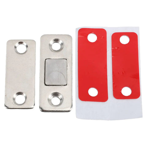 10 Pack Ultra Thin Stainless Steel Magnetic Door Latch with adhesive and screw installation, visible close-up view.