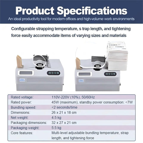 Speedy 2 Second Banknote Bundling Machine Automatic Money Packer Strap Tool with specifications shown