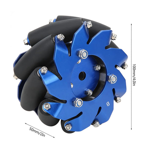 Left 4in Mecanum wheel with blue aluminum housing and black TPU rollers; bolts visible.