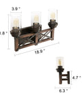 Industrial Three Light Vanity Fixture With Seeded Glass Shades 18.9 Inch Rustic Farmhouse Vibe Wall Sconce dimensions illustration