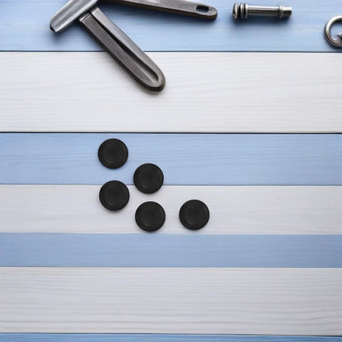 Premium Umbrella Diameter Thread Repair Kit For 6mm Frames Includes 8 Black Plastic Convex End Caps With Smooth Edges And Polished Finish Perfect For Patio Home Garden Upgrades. Black 6mm umbrella end caps on striped background