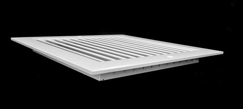 Aluminum Return Grille for Duct Opening 26 by 8 Inches with Outer Dimensions 27.875 by 9.875 Inches, Linear Bar Design, angled view.
