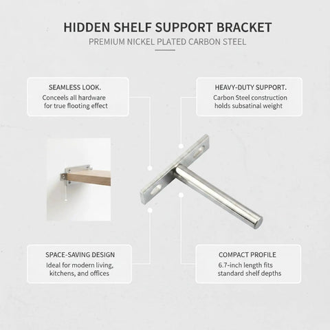 Go-To Hidden Shelf Support Bracket for Floating Shelves, 6.7 x 2.4 x 2.5 Inch Carbon Steel Nickel Plated Wall Mount diagram
