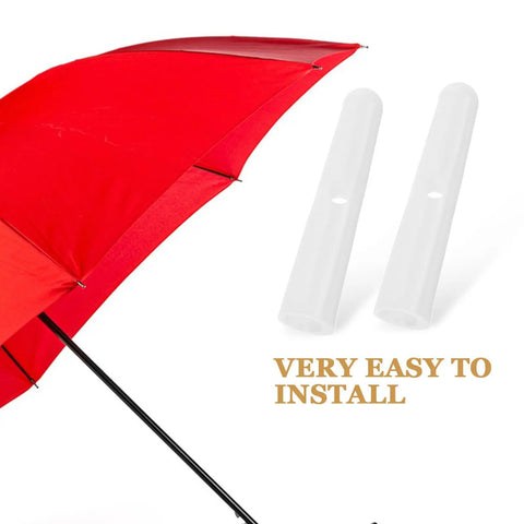 Top Shelf Folding Umbrella Repair Kit With Durable White Plastic Tail Beads And Quick Setup Design For Hassle Free Bone Coverage And Game Changing Weather Defense Slick Replacement Caps next to a red umbrella.