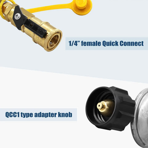 Close-up of a propane quick connect adapter showing 1/4-inch female quick connect and QCC1 adapter knob with durable brass regulator.