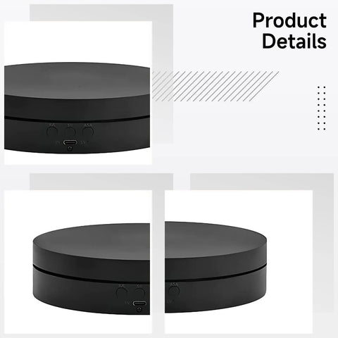 Huge 6.1 And 7.5 Inch Electric Rotating Display Stand With Remote Control For Jewelry And Collectibles 360 Degree Spin Turntable top view showing controls and matte black finish.