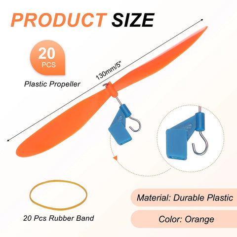 Ultra Durable Plastic Propeller Blades With Rubber Band Hooks For Helicopter Kits 5 Inch Fold Resistant For STEM Projects And DIY Science RC Powered Airplanes Orange Pack Of 20, showing orange propeller with rubber band, durable plastic.