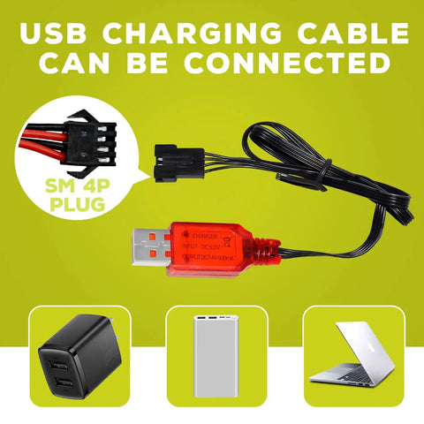 USB charger with SM 4P plug for Two Pack Seven Point Four Volt 3000 mAh 15C 2S Li Ion Battery with various charging options.