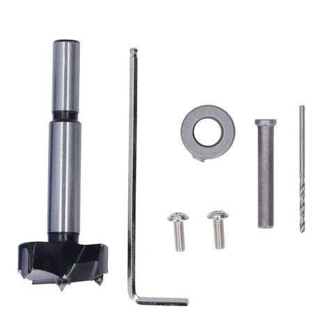 35mm hinge hole saw drilling jig set with blue ABS body, includes drill bit, hex key, screws and guide bushing.